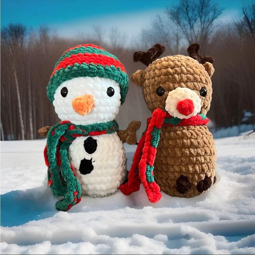Handmade Crochet Snowman and Reindeer Plush Set